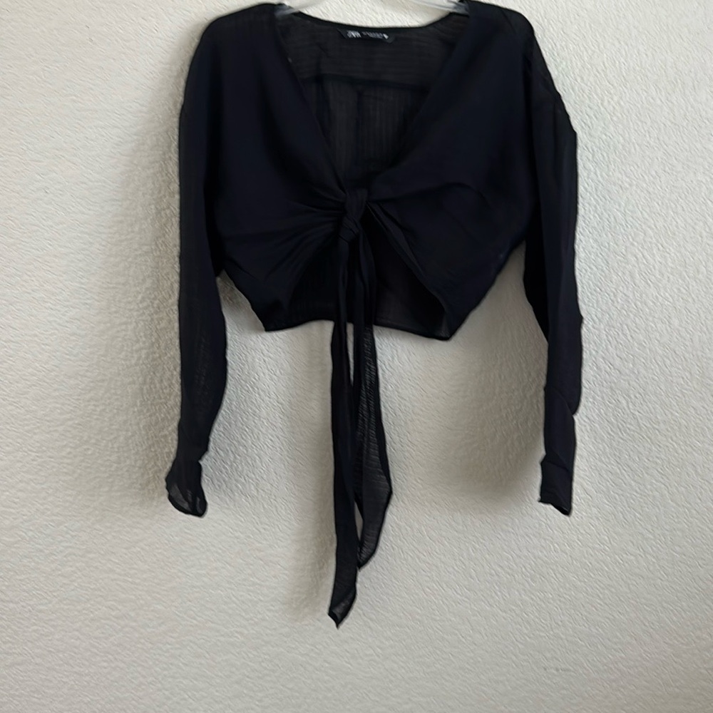 Zara Black Sheer Tie-Front Blouse